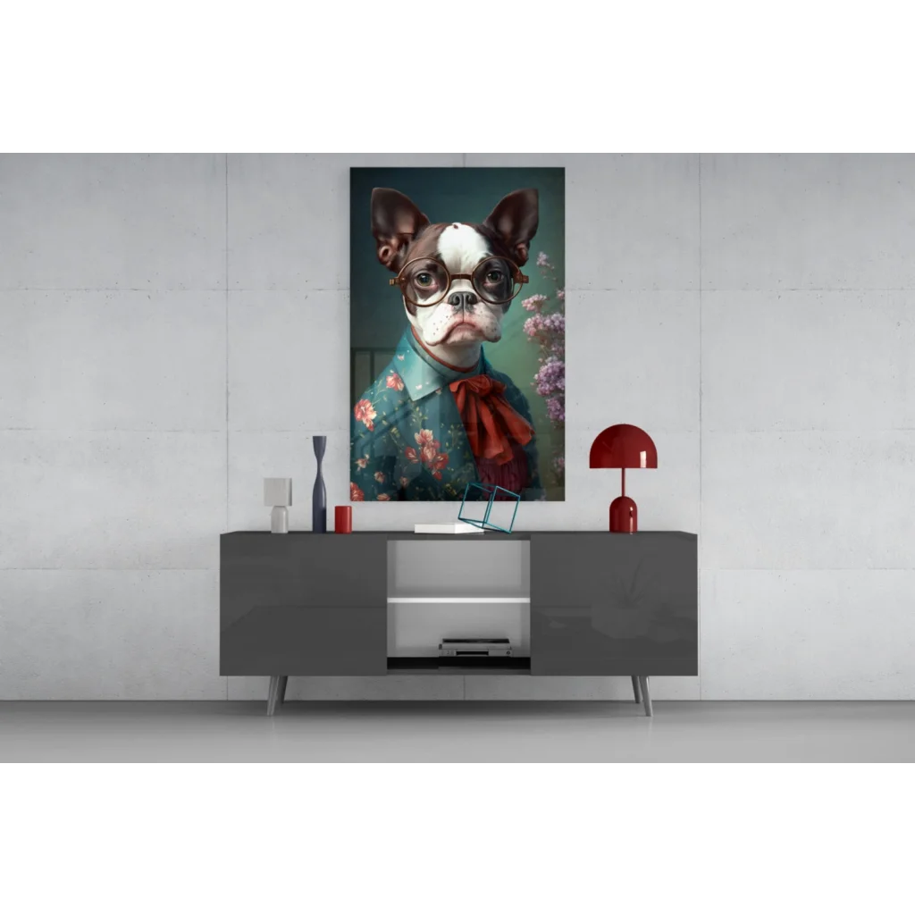 Dapper Boston Terrier floral art print on glass wall for living room