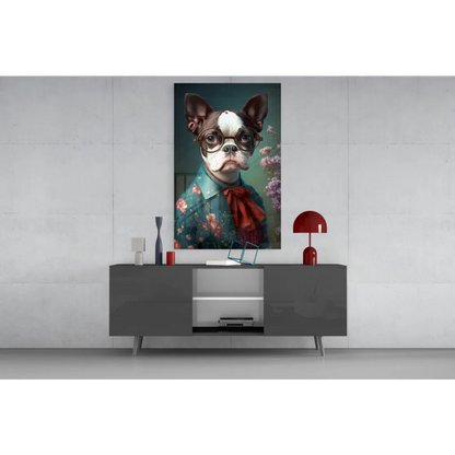 Dapper Boston Terrier floral art print on glass wall for living room