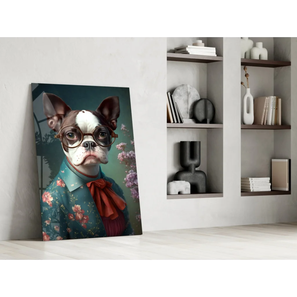 Dapper Boston Terrier glass wall art with floral bow tie and glasses