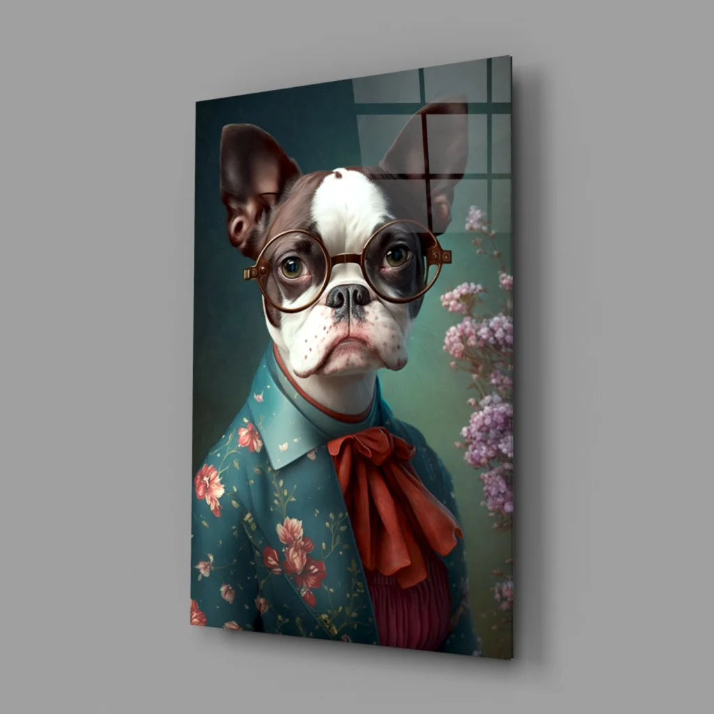 Dapper Boston Terrier floral portrait glass wall art with glasses and bow tie
