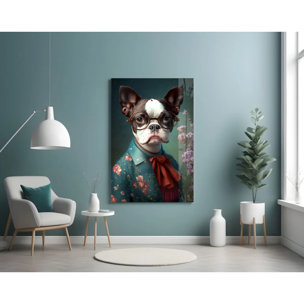 Dapper Boston Terrier floral portrait on glass wall art