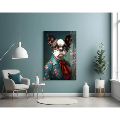 Dapper Boston Terrier floral portrait on glass wall art