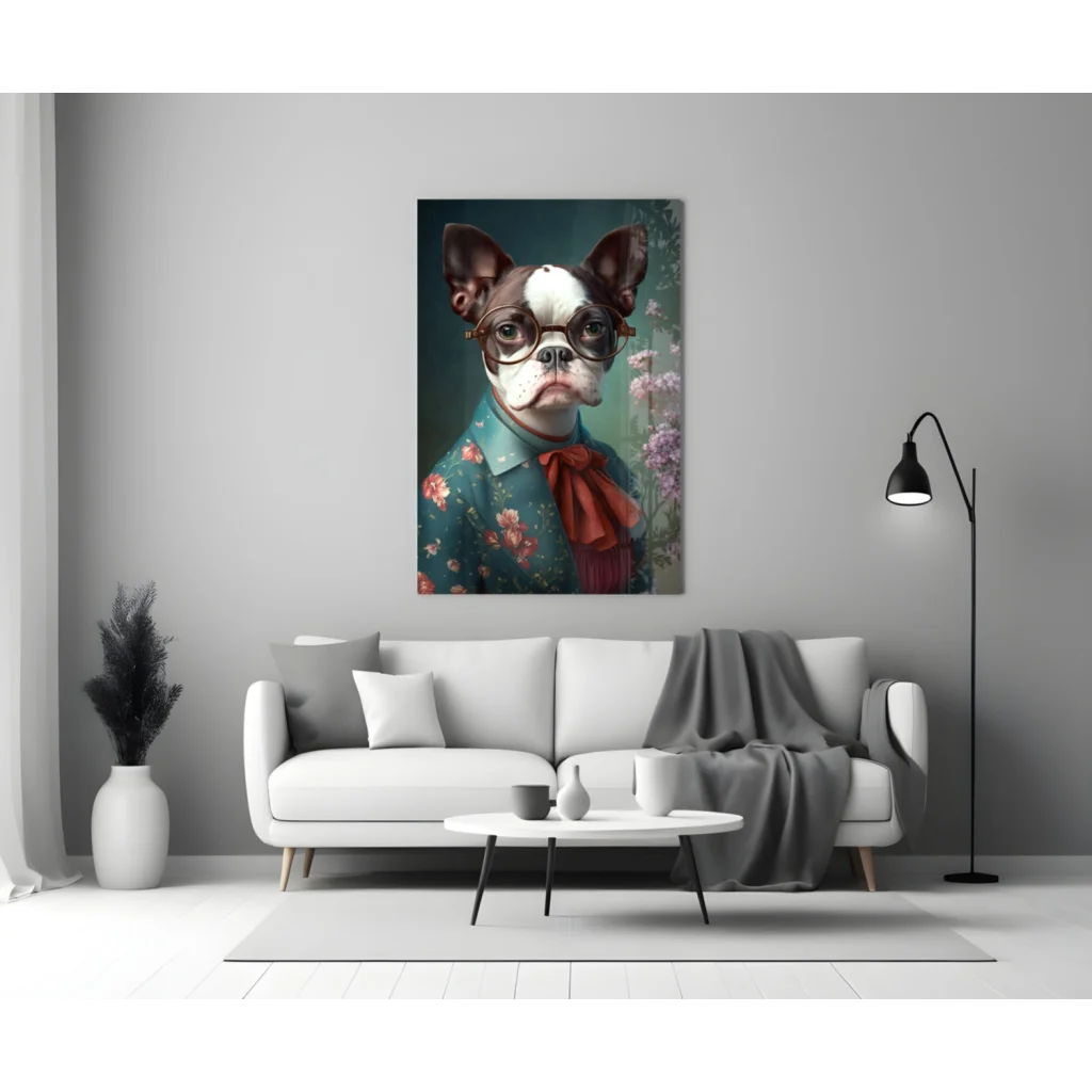 Dapper Boston Terrier glass wall art with modern white sofa
