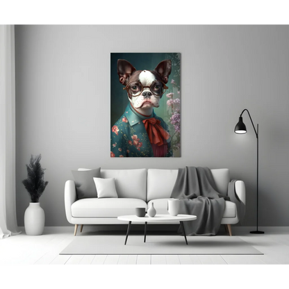 Dapper Boston Terrier glass wall art with modern white sofa