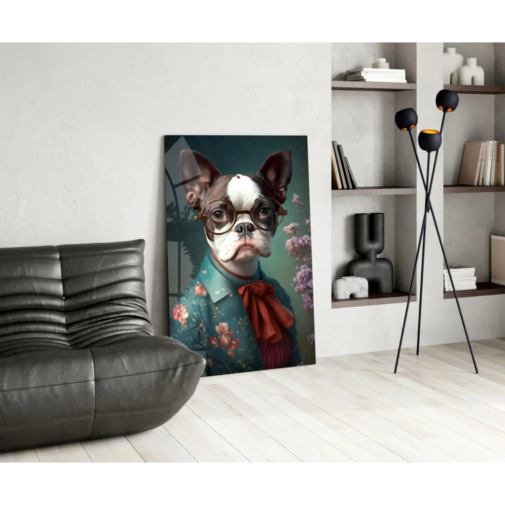 Dapper Boston Terrier glass wall art with floral pattern and red bow tie