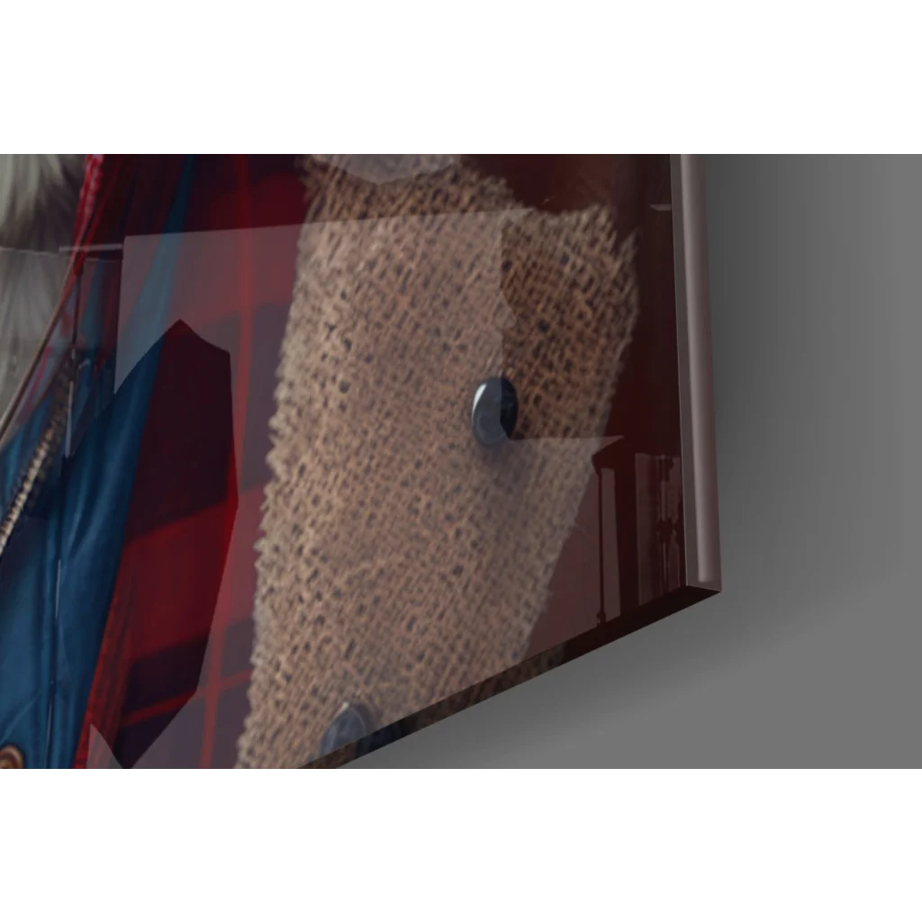 Dapper Dog in Vintage Outfit glass wall art with burlap texture