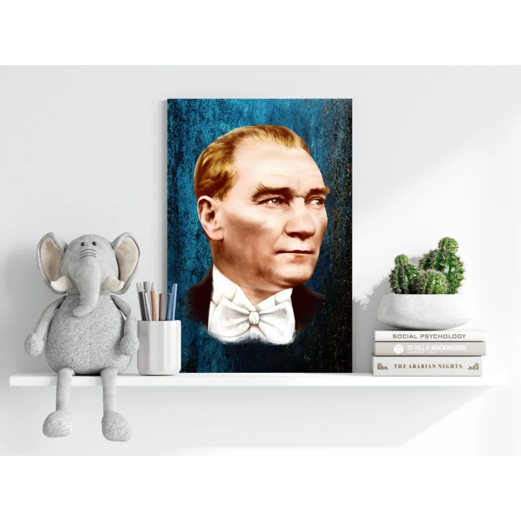 Framed Atatürk portrait print in teal, dapper gentleman style