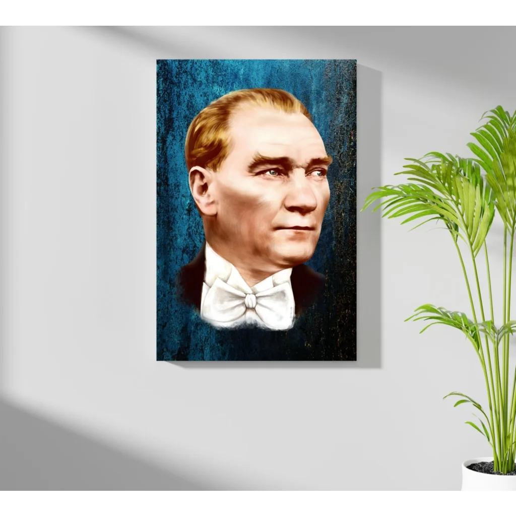 Framed dapper gentleman portrait print in teal, light brown hair, black suit, white bow tie, deep blue background