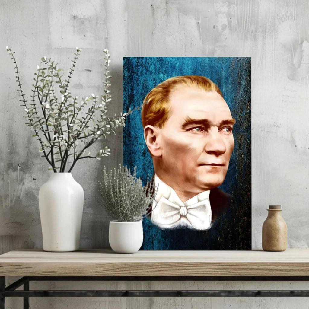 Framed dapper gentleman portrait print on teal aluminum, reddish-blonde hair man in suit and bow tie
