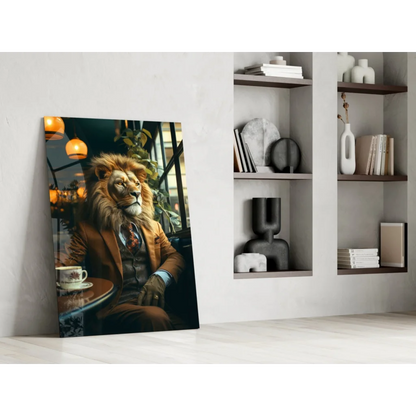 Dapper Lion Cafe wall art canvas print of suited lion at cafe