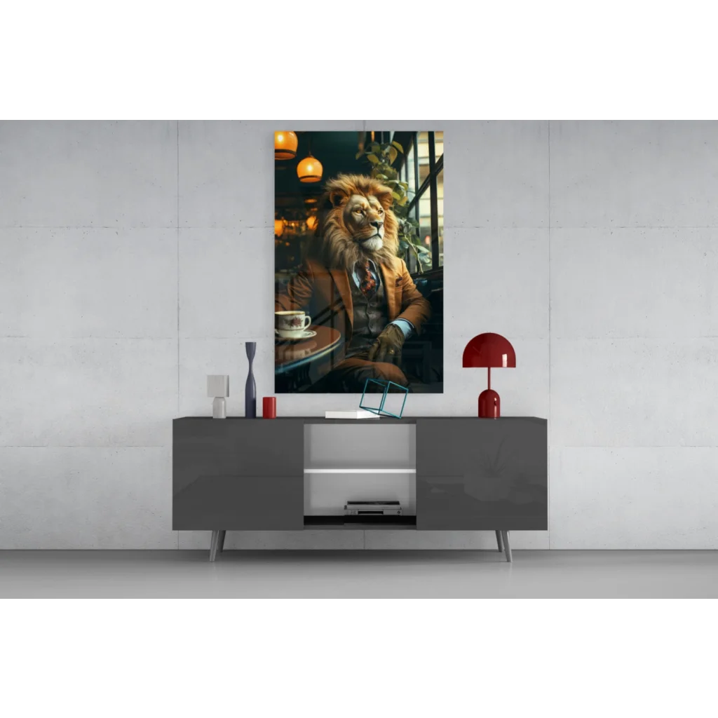 Dapper Lion Cafe wall art canvas print of suited lion sipping coffee