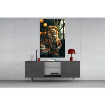 Dapper Lion Cafe wall art canvas print of suited lion sipping coffee