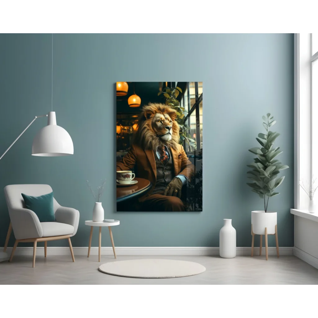 Dapper Lion Cafe wall art canvas print of suited lion sipping coffee