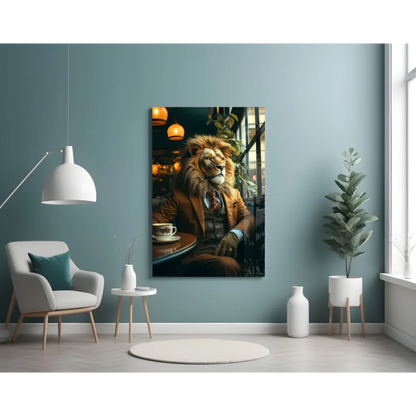 Dapper Lion Cafe wall art canvas print of suited lion sipping coffee