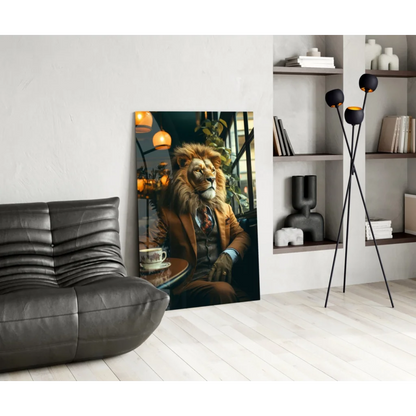 Dapper Lion in suit at cafe, canvas wall art print