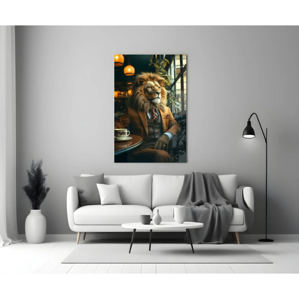 Dapper Lion Cafe wall art canvas print of suited lion at cafe