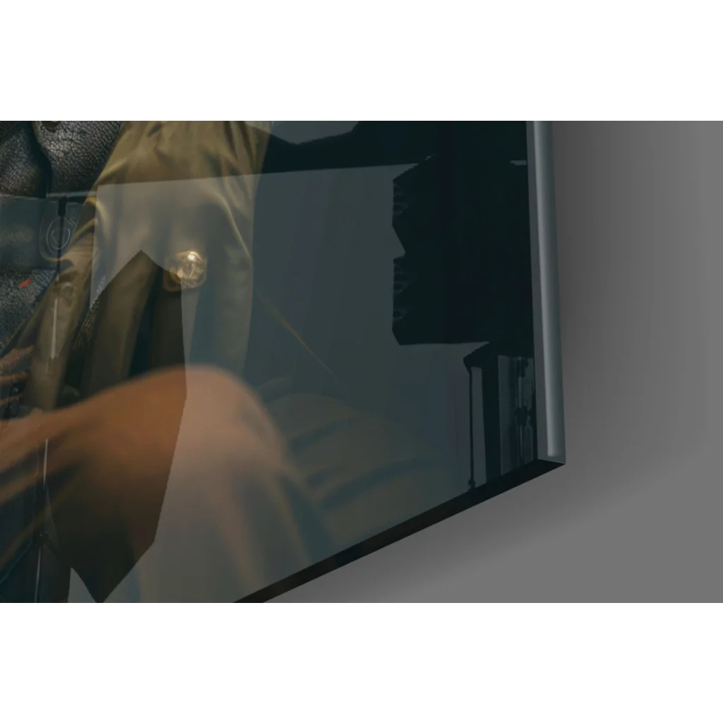 Sleek modern-framed mirror in Dapper Lion Cafe wall art print reflecting person silhouette