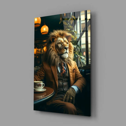 Sophisticated dapper lion in suit at cafe with coffee wall art print