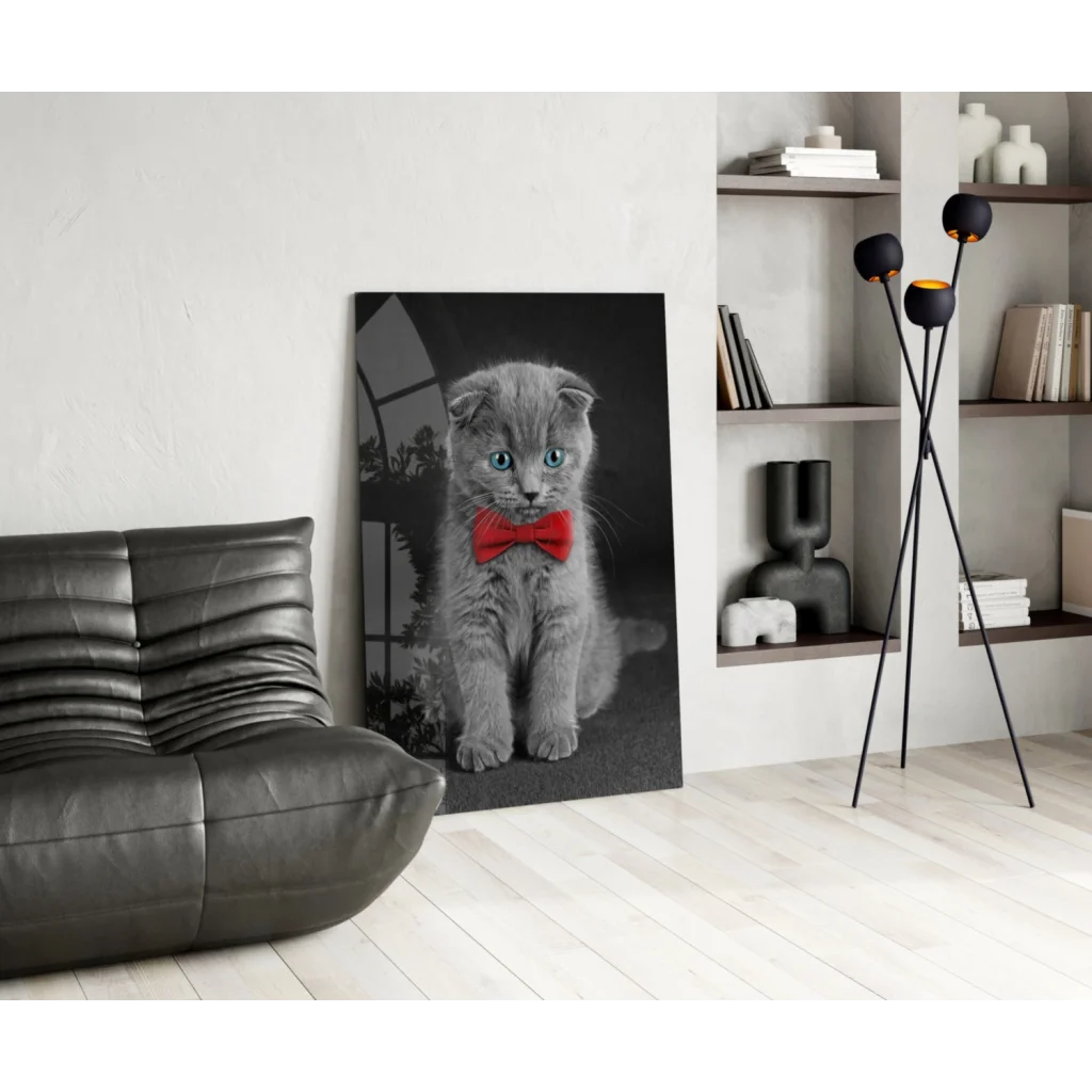 Dapper Scottish Fold kitten wall art with red bow tie and blue eyes