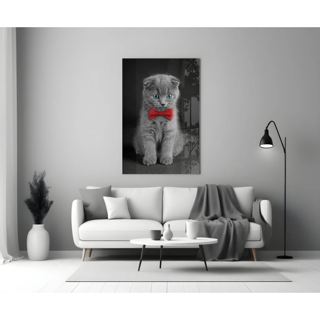 Dapper gray Scottish Fold kitten portrait wall art with red bow tie
