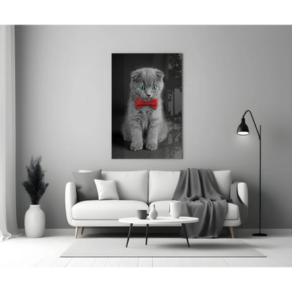 Dapper gray Scottish Fold kitten portrait wall art with red bow tie