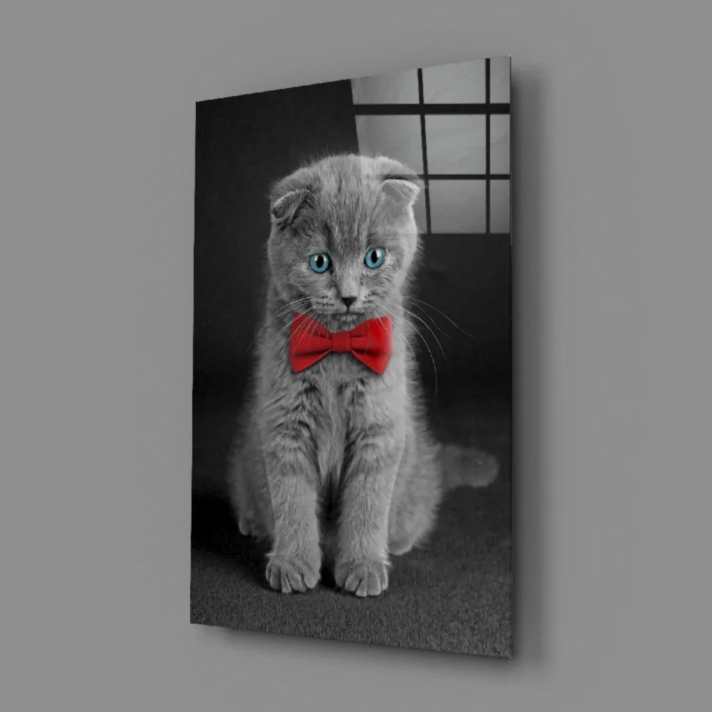 Dapper gray Scottish Fold kitten in red bow tie wall art print