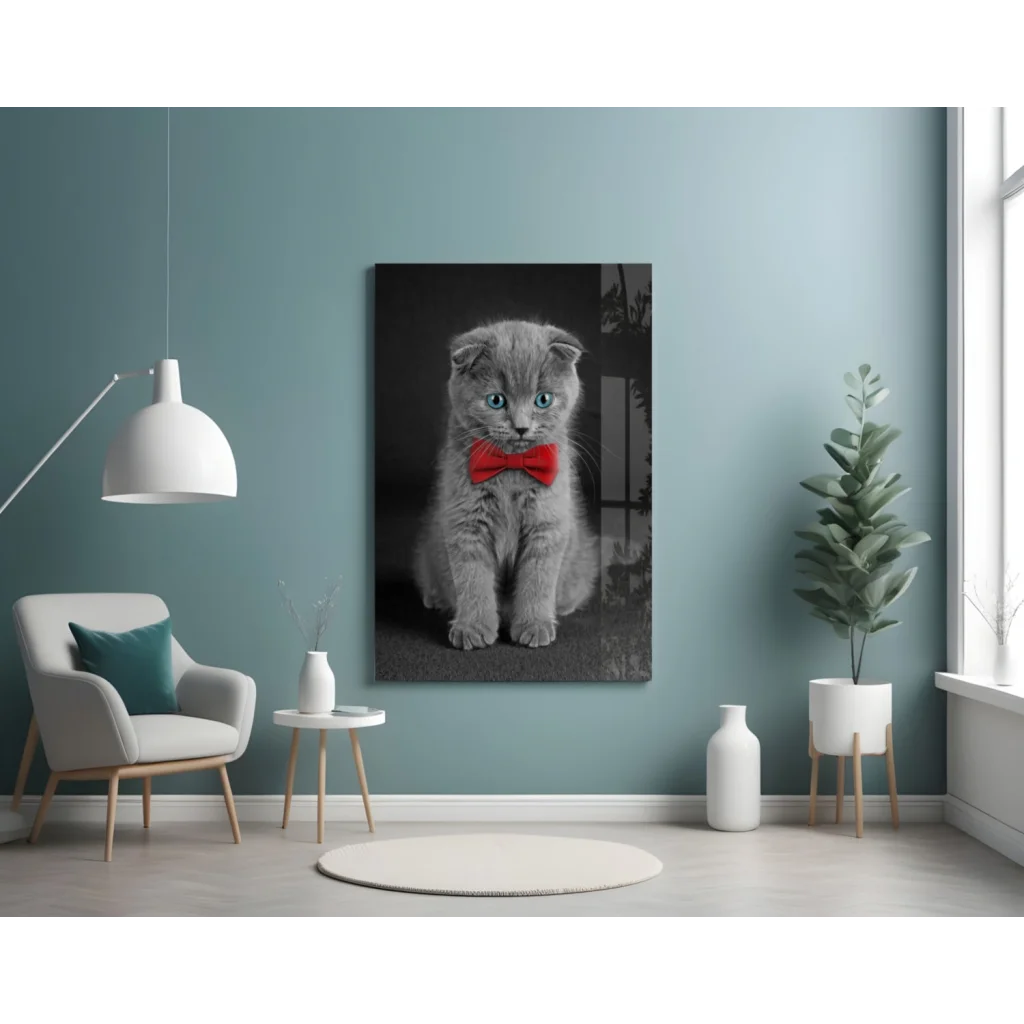 Dapper Scottish Fold kitten wall art with red bow tie