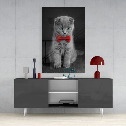 Dapper Gray Scottish Fold Kitten Wall Art with Blue Eyes and Red Bow Tie