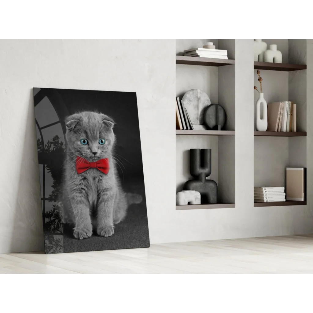 Dapper gray Scottish Fold kitten wall art with blue eyes and red bow tie