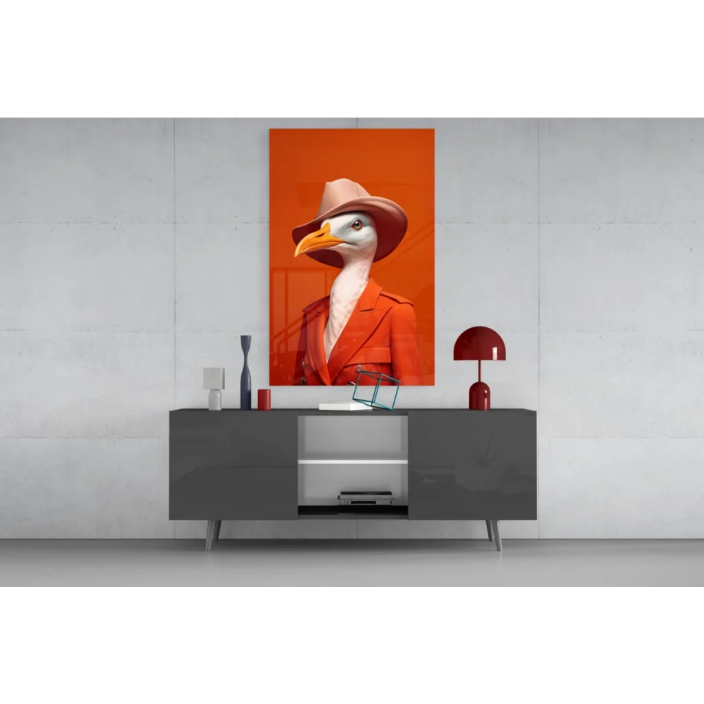 Dapper seagull in red suit and brown hat on orange canvas wall art