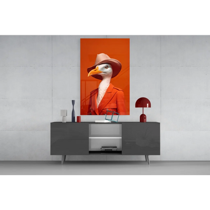 Dapper seagull in red suit and brown hat on orange canvas wall art