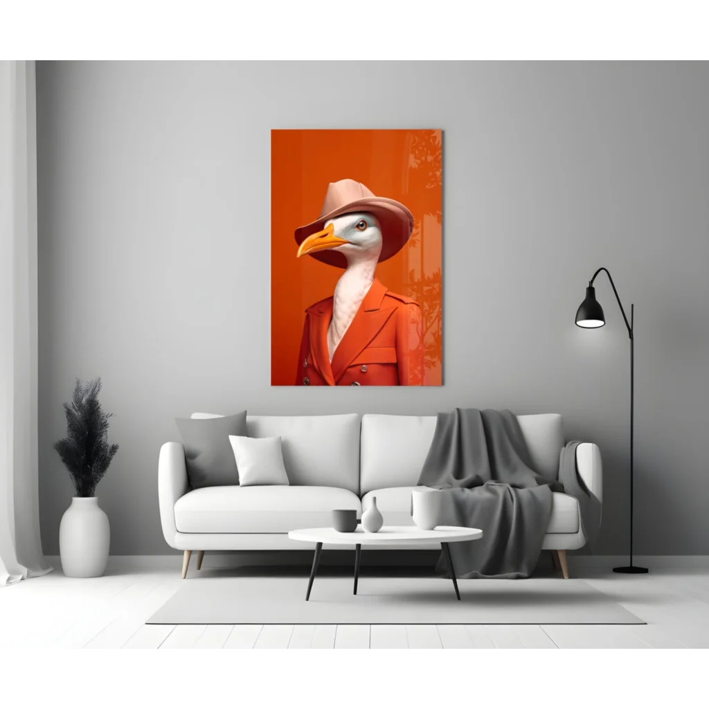 Dapper Seagull orange canvas wall art with pink hat and red jacket