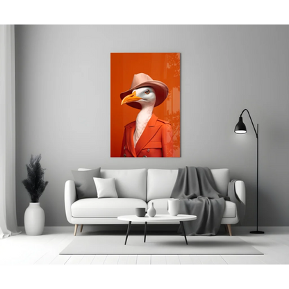 Dapper Seagull orange canvas wall art with pink hat and red jacket
