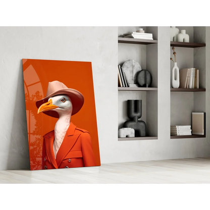 Dapper Seagull orange canvas wall art with hat and coat