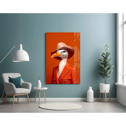 Vibrant orange canvas wall art of dapper seagull in hat and jacket