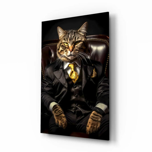 Dapper black and brown tabby cat in gold suit wall art