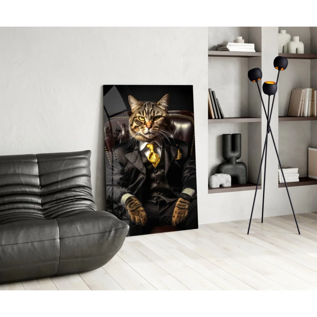 Dapper Tabby Cat in Gold Suit on black leather couch wall art