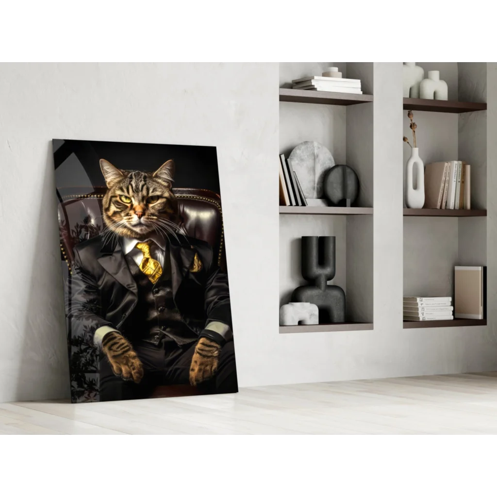 Dapper black tabby cat in gold suit wall art print with accents