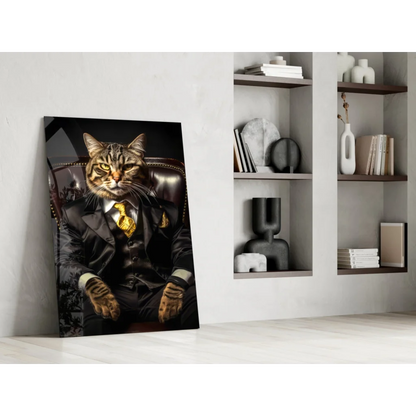 Dapper black tabby cat in gold suit wall art print with accents
