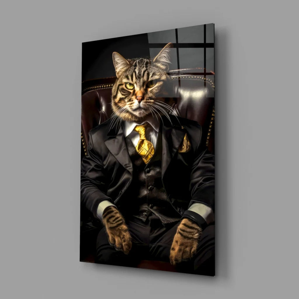 Dapper black and brown tabby cat in gold suit wall art