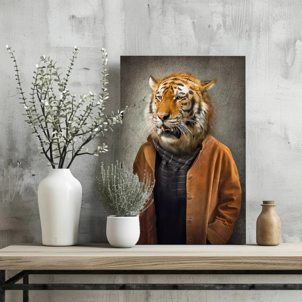 Dapper Tiger in Orange Jacket wall print on concrete