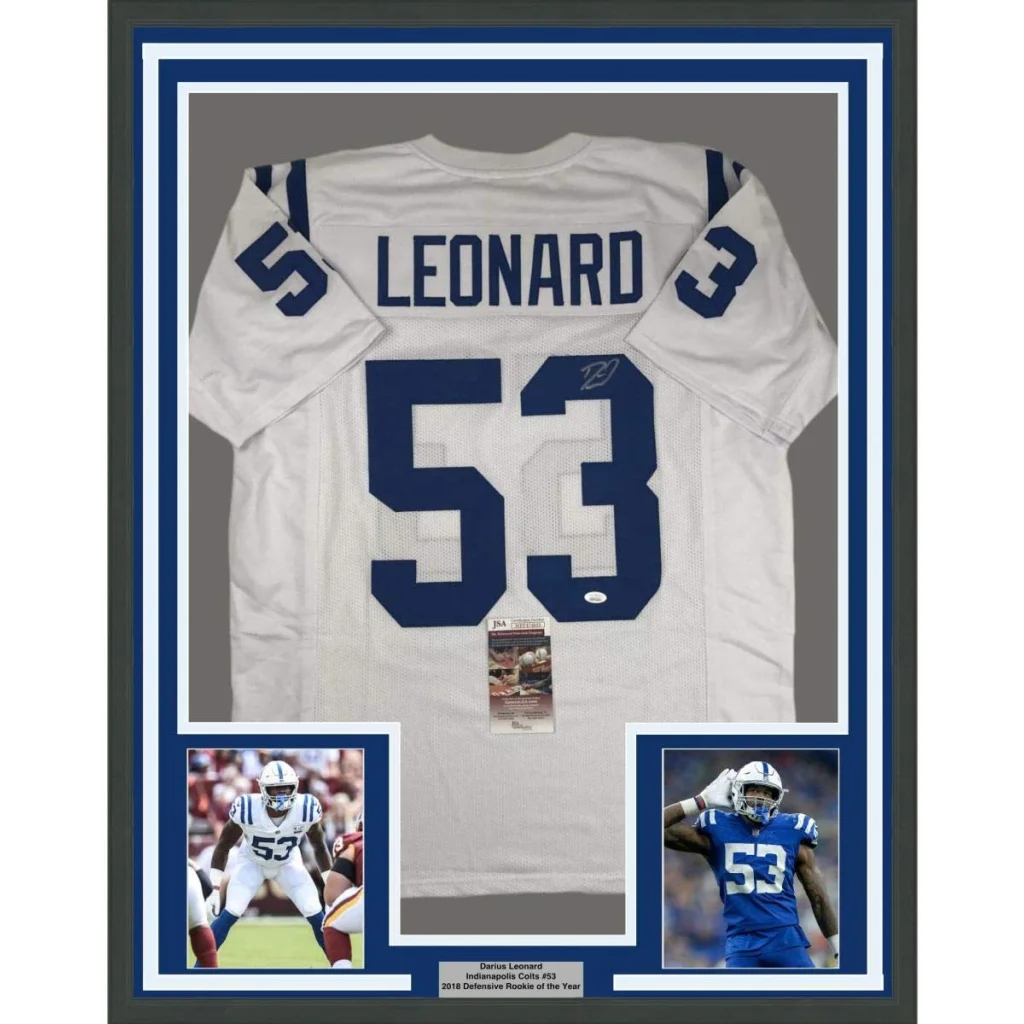 Framed Darius Leonard Colts #53 autographed jersey with photos and plaque for man cave