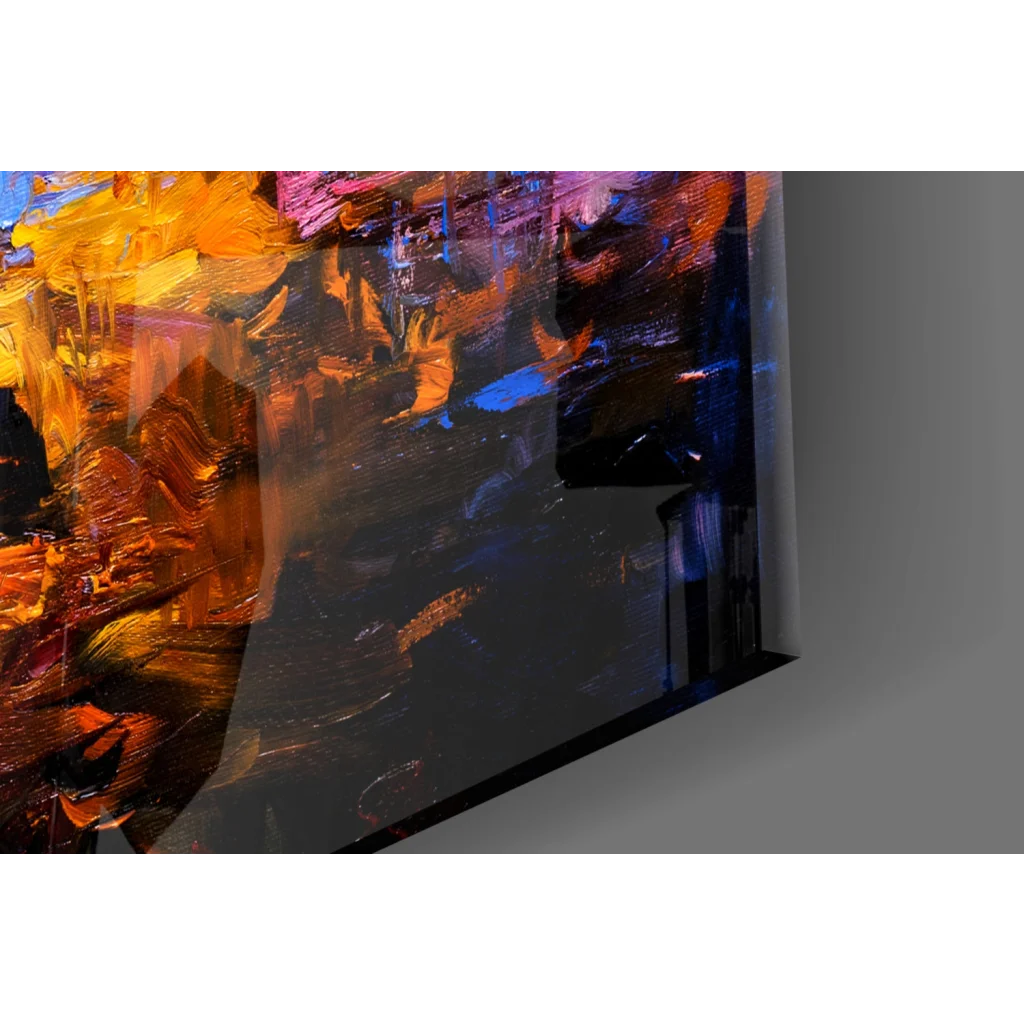 Vibrant sunset boat glass wall art with bold orange, blue, black abstract brushstrokes