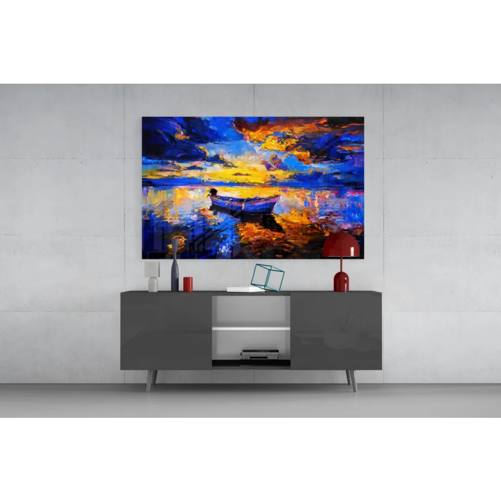 Vibrant abstract glass wall art of sunset boat on water