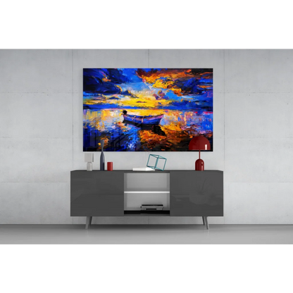 Vibrant abstract glass wall art of sunset boat on water