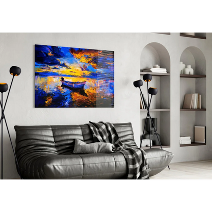 Stunning Sunset Boat Glass Wall Art with Bold Abstract Colors | Contemporary Home Wall Art | vintageantiquesgifts.com
