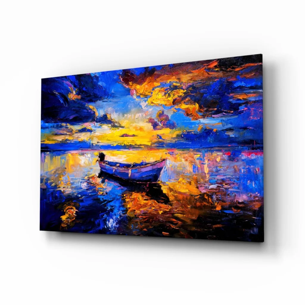 Stunning Sunset Boat Glass Wall Art with Bold Abstract Colors | Insigneart USA | vintageantiquesgifts.com