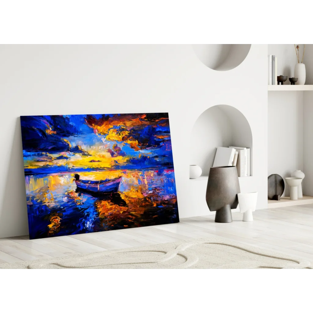 Stunning Sunset Boat Glass Wall Art with Bold Abstract Colors | Modern Wall Art Decor | vintageantiquesgifts.com