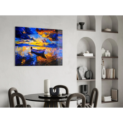 Vibrant abstract sunset boat glass wall art in bold blue orange yellow