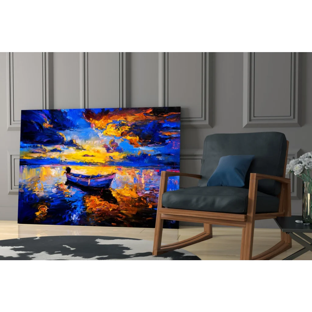 Vibrant abstract glass wall art of sunset boat on water with bold blues, oranges, purples
